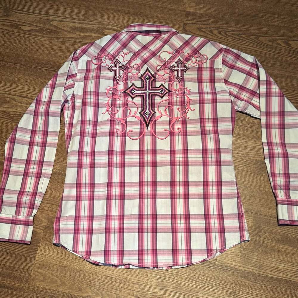 Cowgirl Hardware Women’s L Pink Plaid Western Pearl Snap Cross Embroidered Shirt